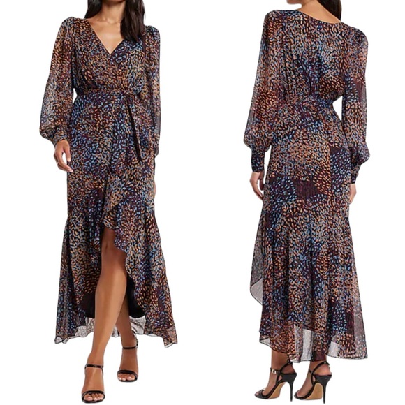 NWT Express Metallic Printed Faux Wrap Ruffle Hi-Lo V-neck Maxi Dress XXS - Picture 14 of 14